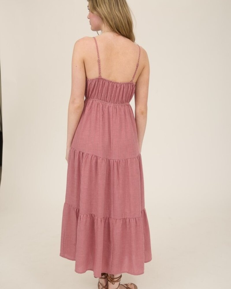 Blu Pepper Stripe Front Tie Cut-out Tiered Midi Sundress