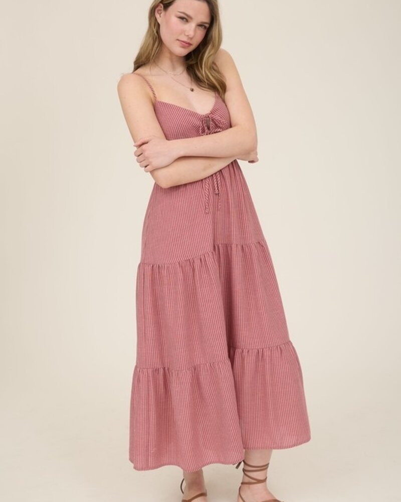 Blu Pepper Stripe Front Tie Cut-out Tiered Midi Sundress