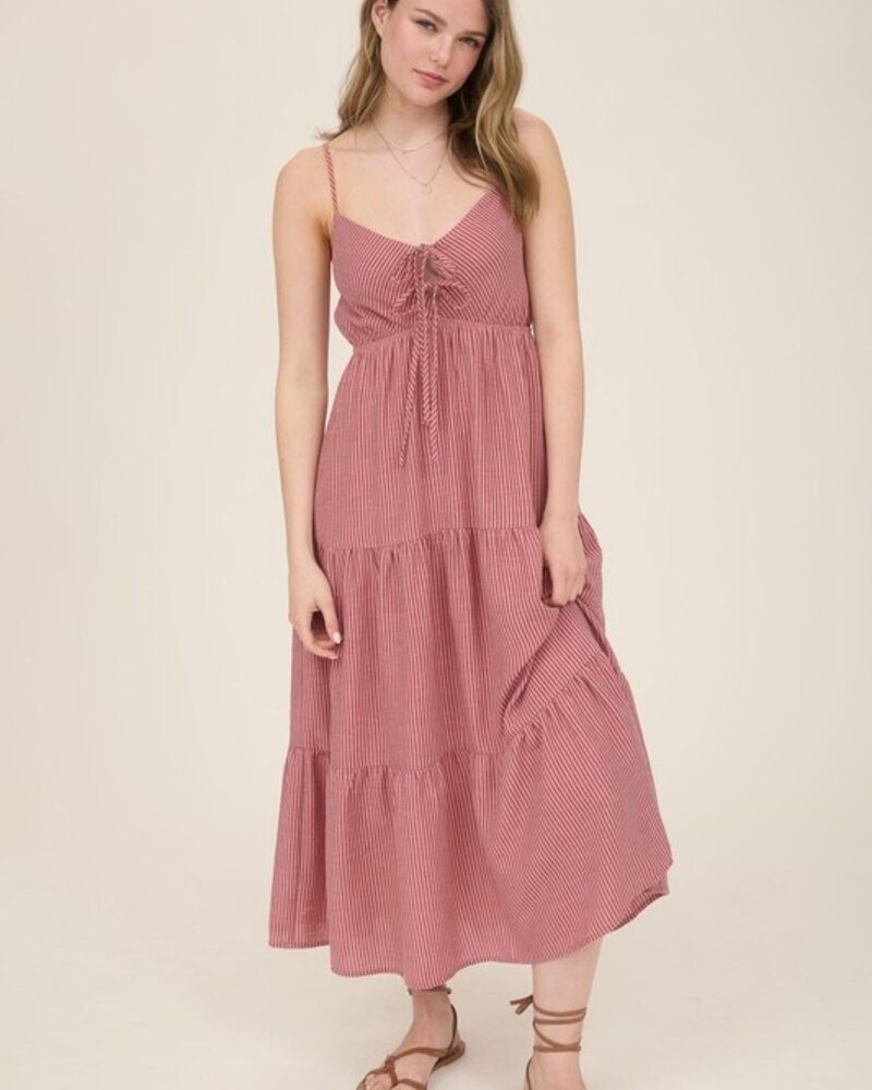Blu Pepper Stripe Front Tie Cut-out Tiered Midi Sundress