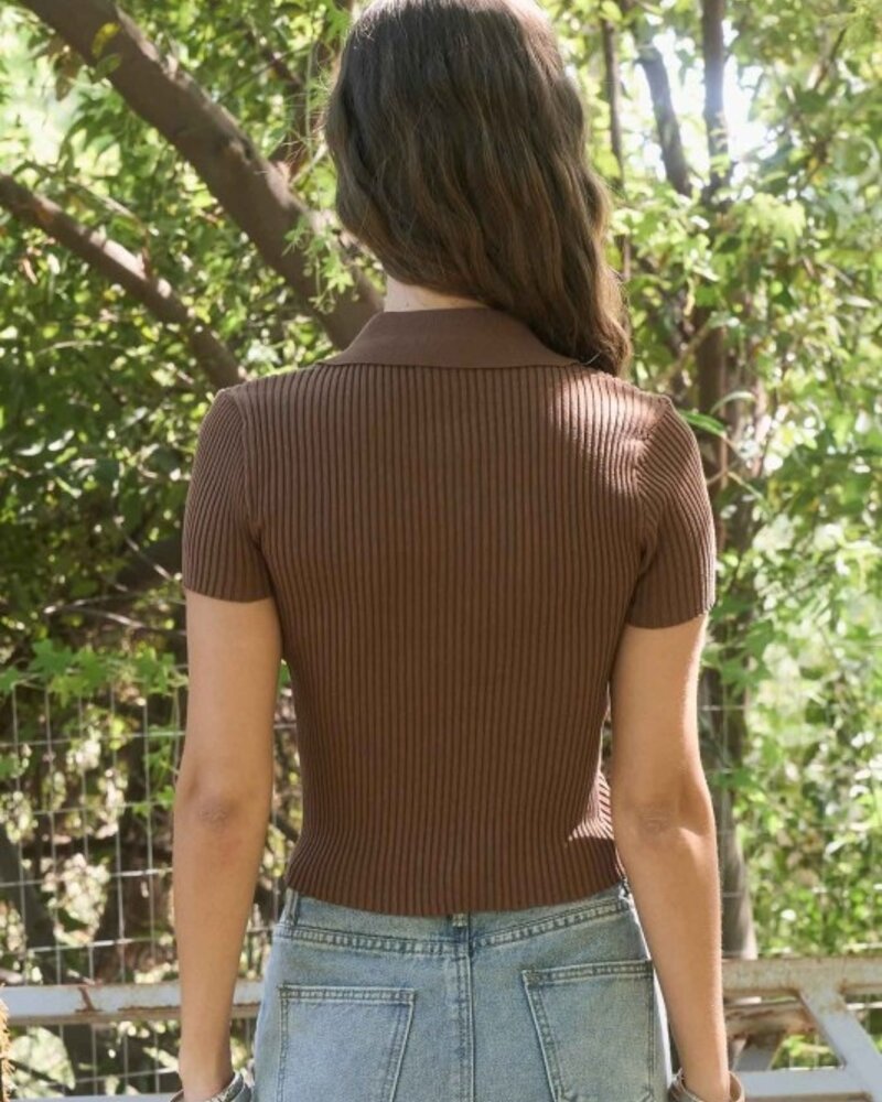 The Workshop Collared Shortsleeve Sweater Knit Zip-Up Top