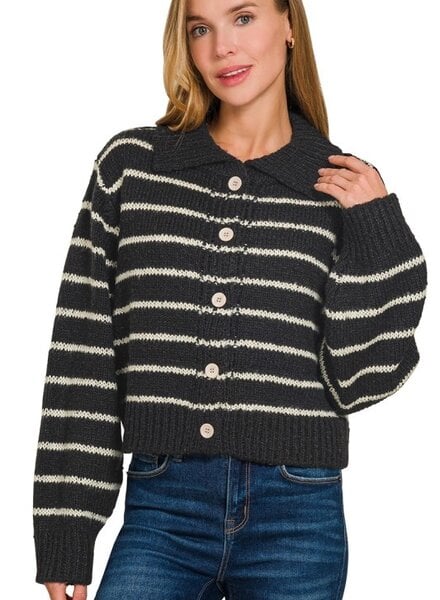 Striped Collared 5 Button Cardigan