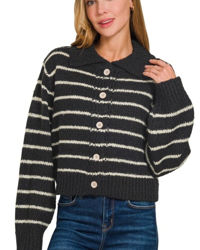 Striped Collared 5 Button Cardigan