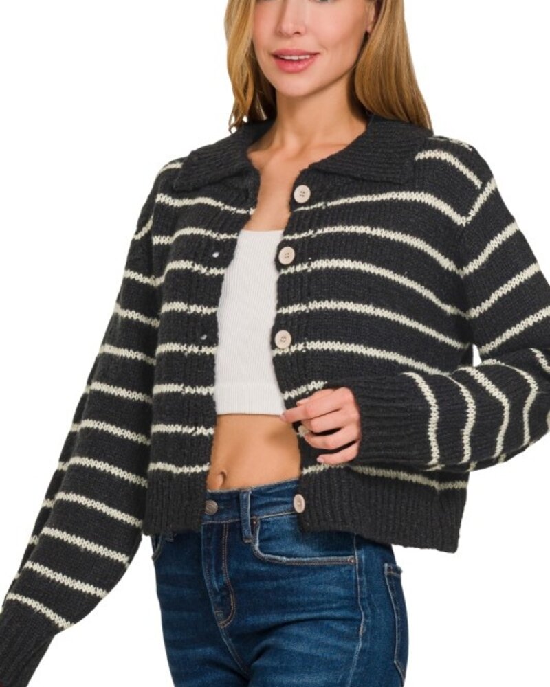 Striped Collared 5 Button Cardigan