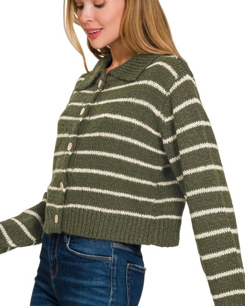 Striped Collared 5 Button Cardigan