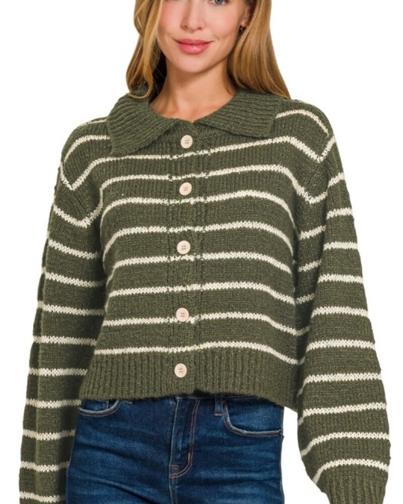 Striped Collared 5 Button Cardigan