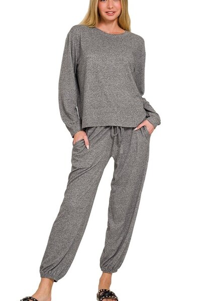 Soft Melange Hacci Long Slv Top & Joggers Set
