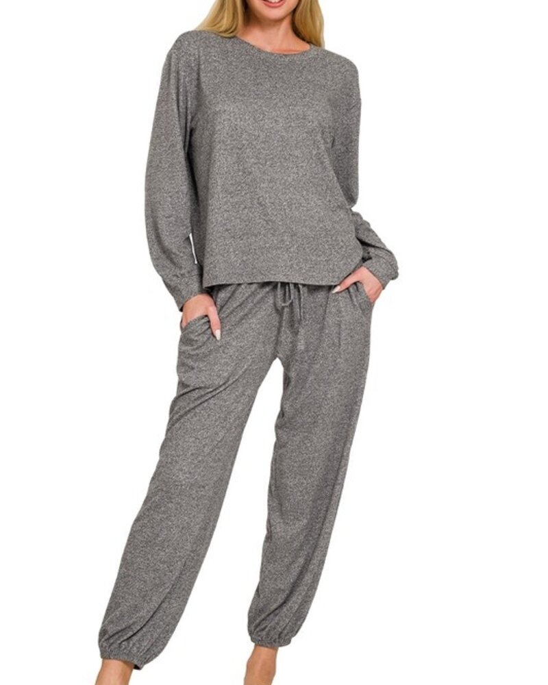 Soft Melange Hacci Long Slv Top & Joggers Set
