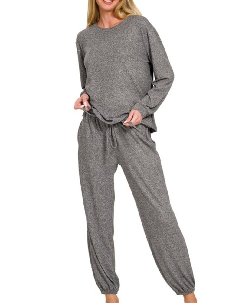Soft Melange Hacci Long Slv Top & Joggers Set