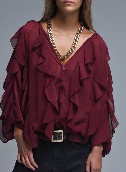 Q2 V-Neck All Over Ruffle Blouse