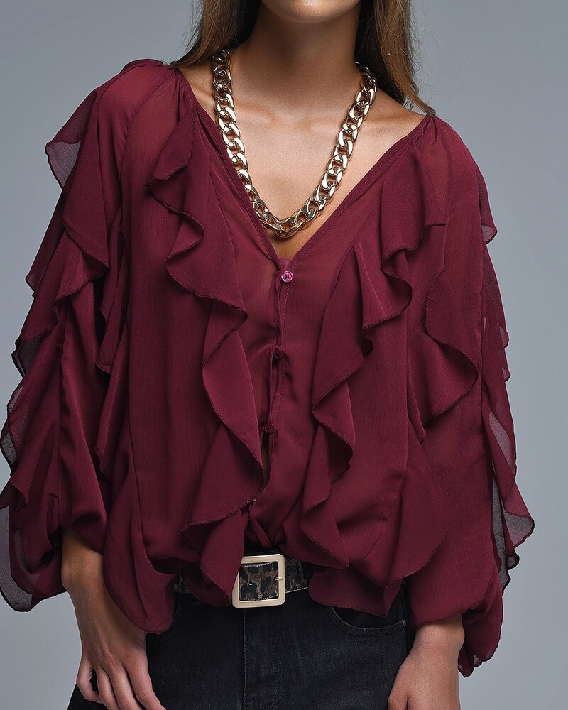 Q2 V-Neck All Over Ruffle Blouse