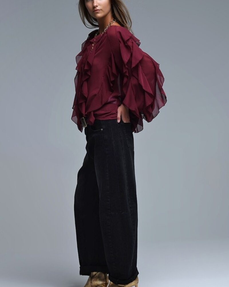 Q2 V-Neck All Over Ruffle Blouse