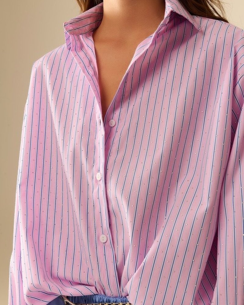 Q2 Pink Striped Strass Button Down Shirt