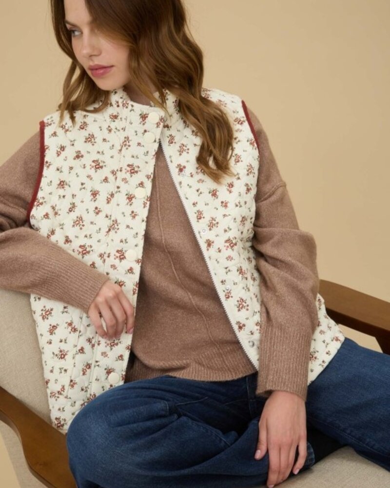 Blu Pepper Floral Quilted Zip-Up Puffer Vest