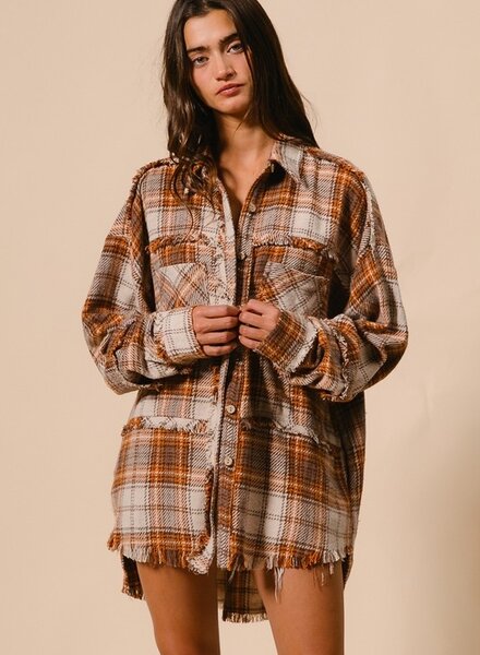Bibi Checked Woven Frayed Edge Detail Shacket