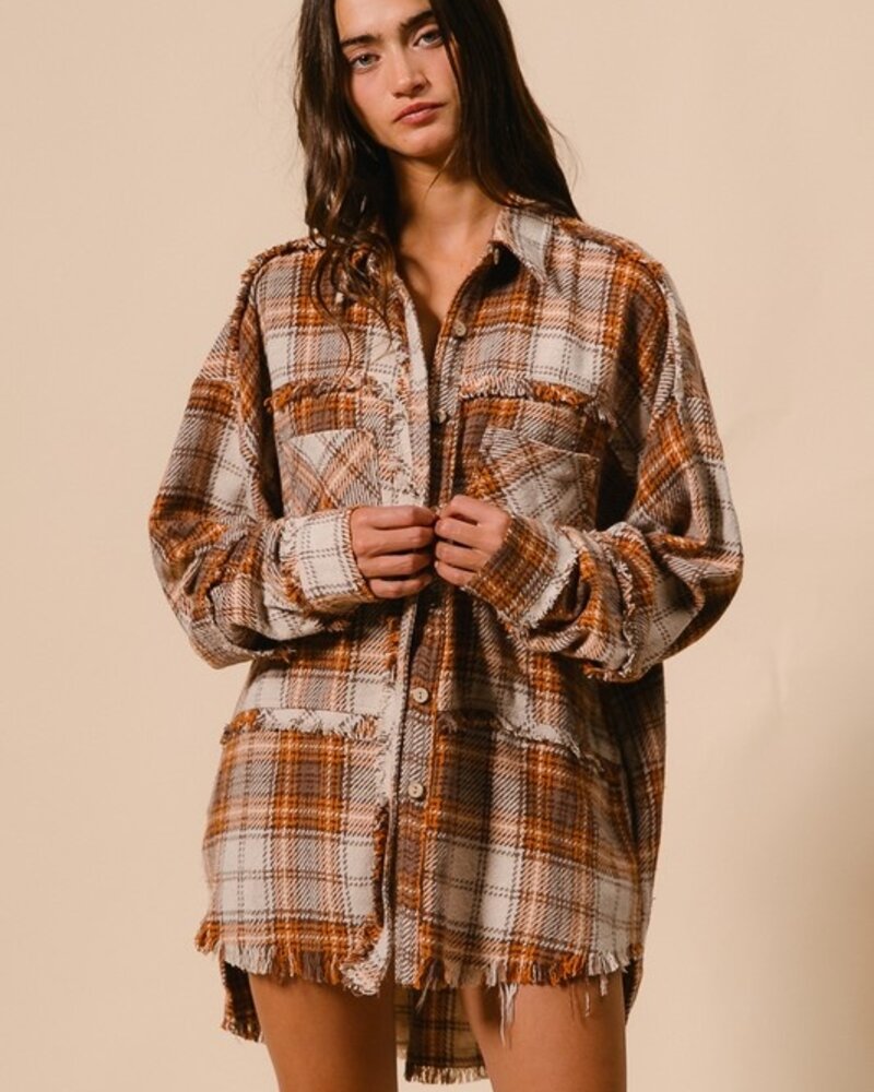 Bibi Checked Woven Frayed Edge Detail Shacket