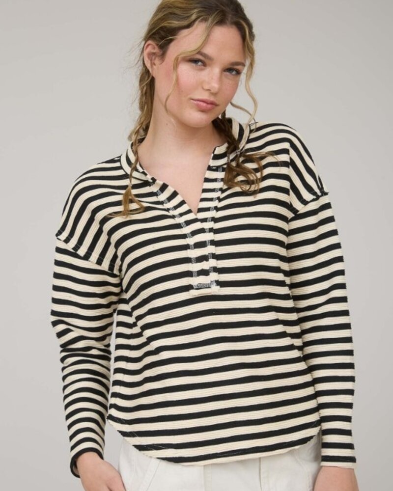 Blu Pepper Stripe Split Neck Long Sleeve Knit Top
