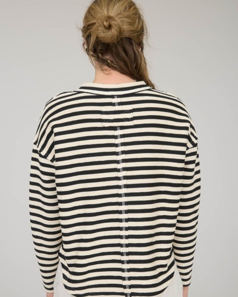 Blu Pepper Stripe Split Neck Long Sleeve Knit Top