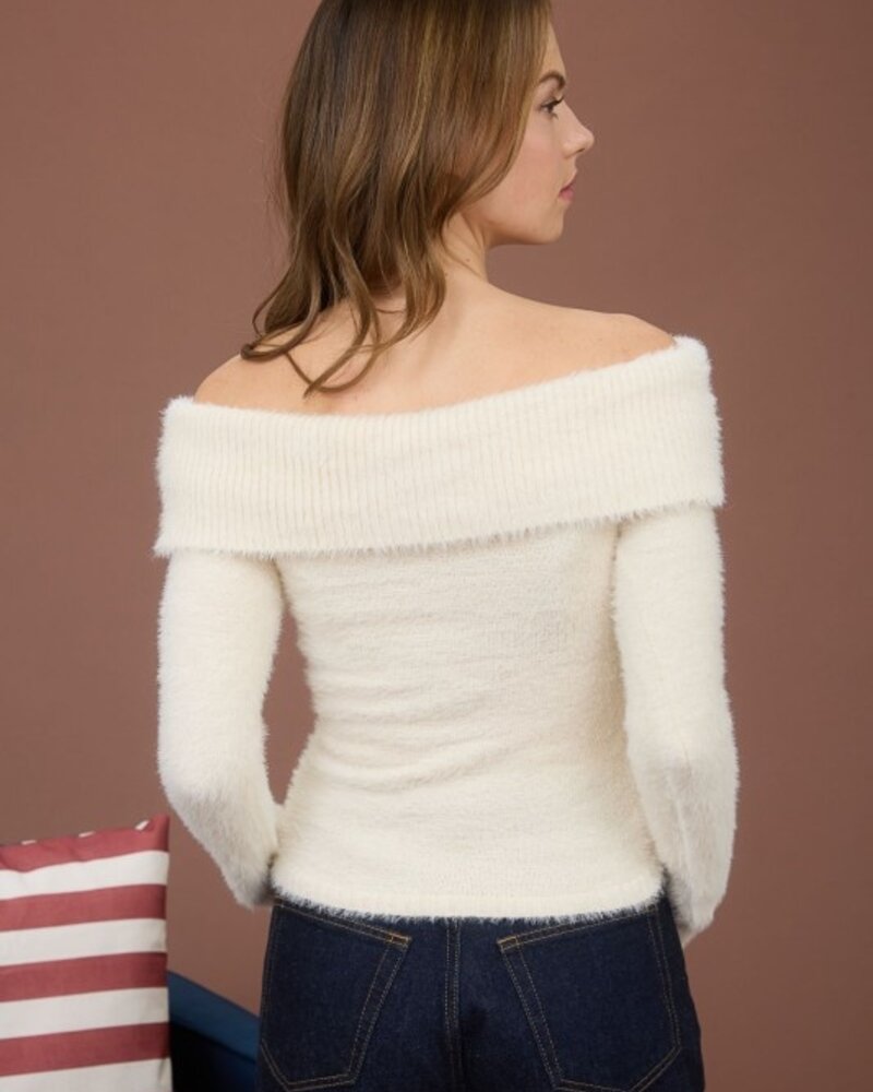 The Workshop Off Shoulder Fold Over Knit Sweater