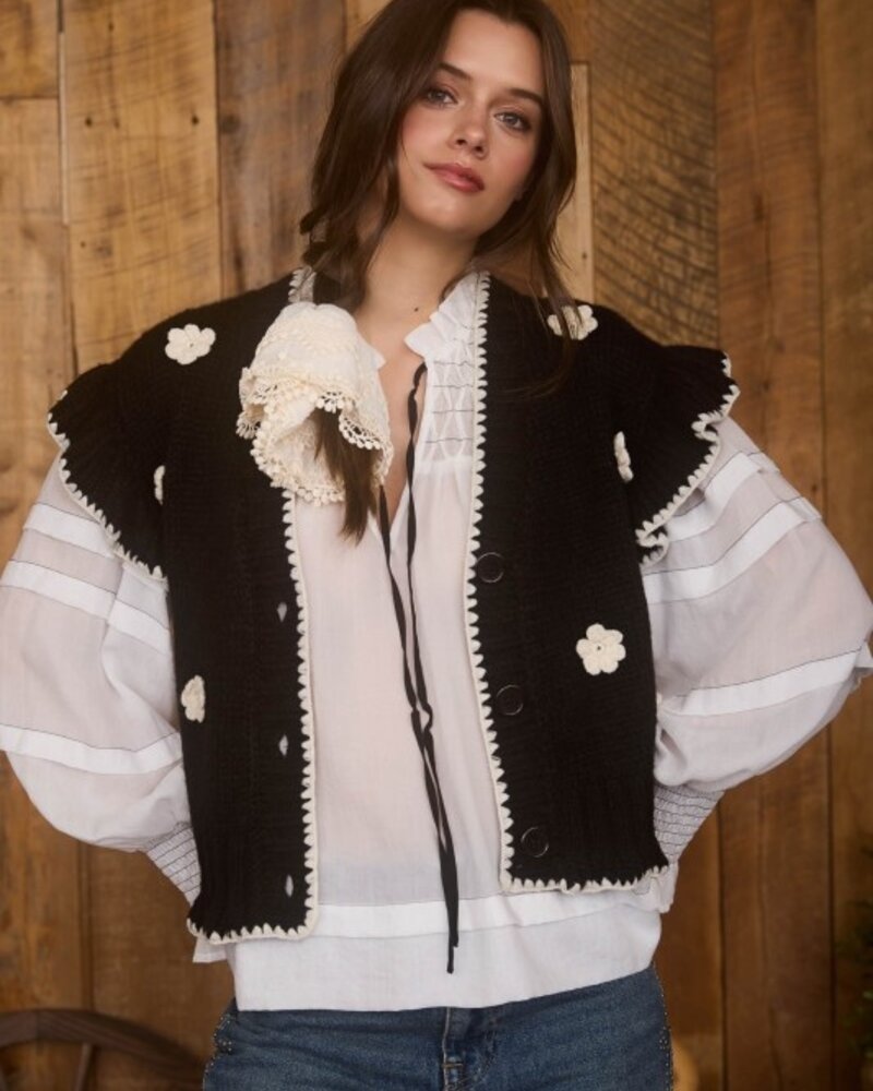 Blu Pepper Crochet Floral Ruffle Knit Cardigan