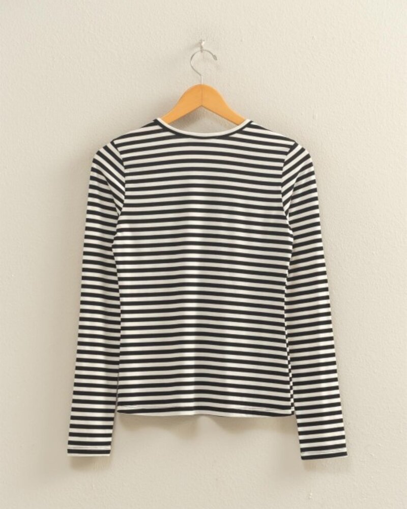 Double Zero Striped Crew Neck Fitted Long Sleeve Top