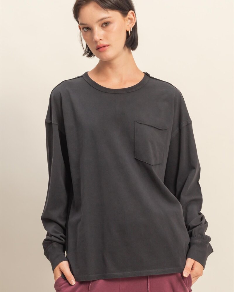 Double Zero Oversized Washed Long Sleeve Pocket Tee