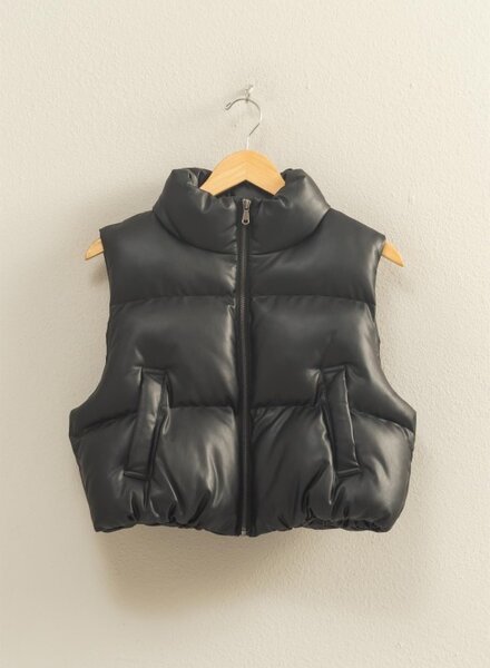 Double Zero Faux Leather Cropped Puffer Vest