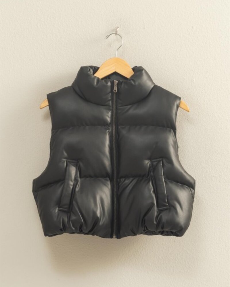 Double Zero Faux Leather Cropped Puffer Vest