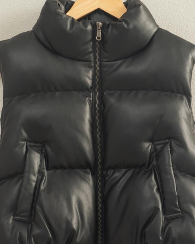 Double Zero Faux Leather Cropped Puffer Vest