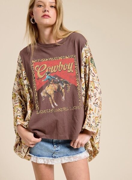 Zutter Western Vintage Cowboy Leopard Graphic Kantha Top