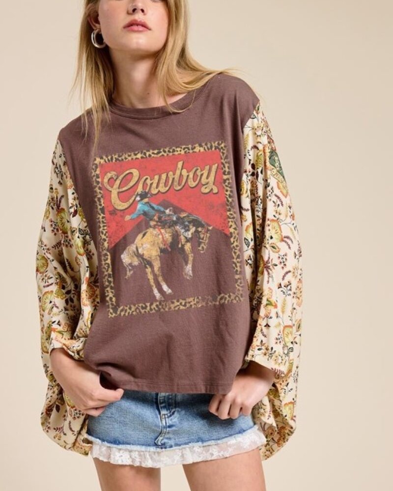 Zutter Western Vintage Cowboy Leopard Graphic Kantha Top