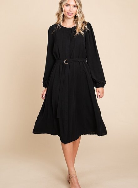 RolyPoly Belted Button Down Crew Neck Pleated Midi Dress