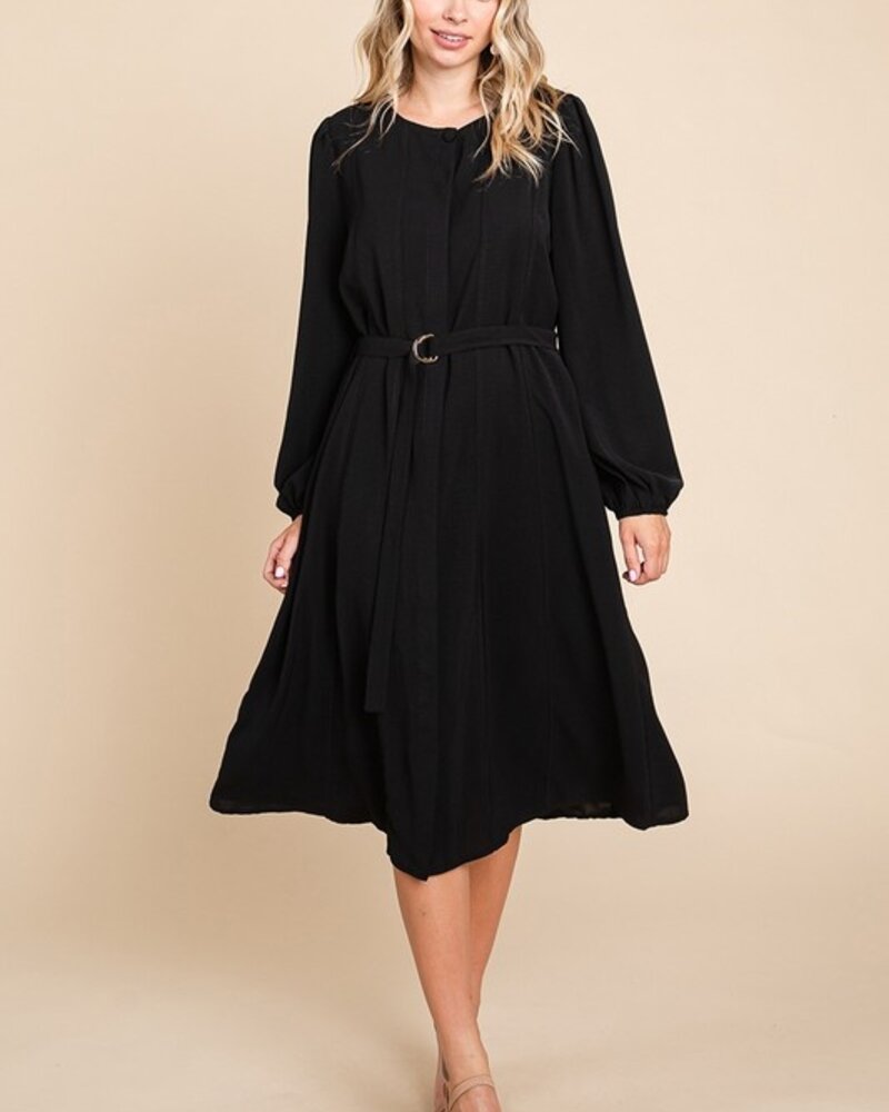 RolyPoly Belted Button Down Crew Neck Pleated Midi Dress