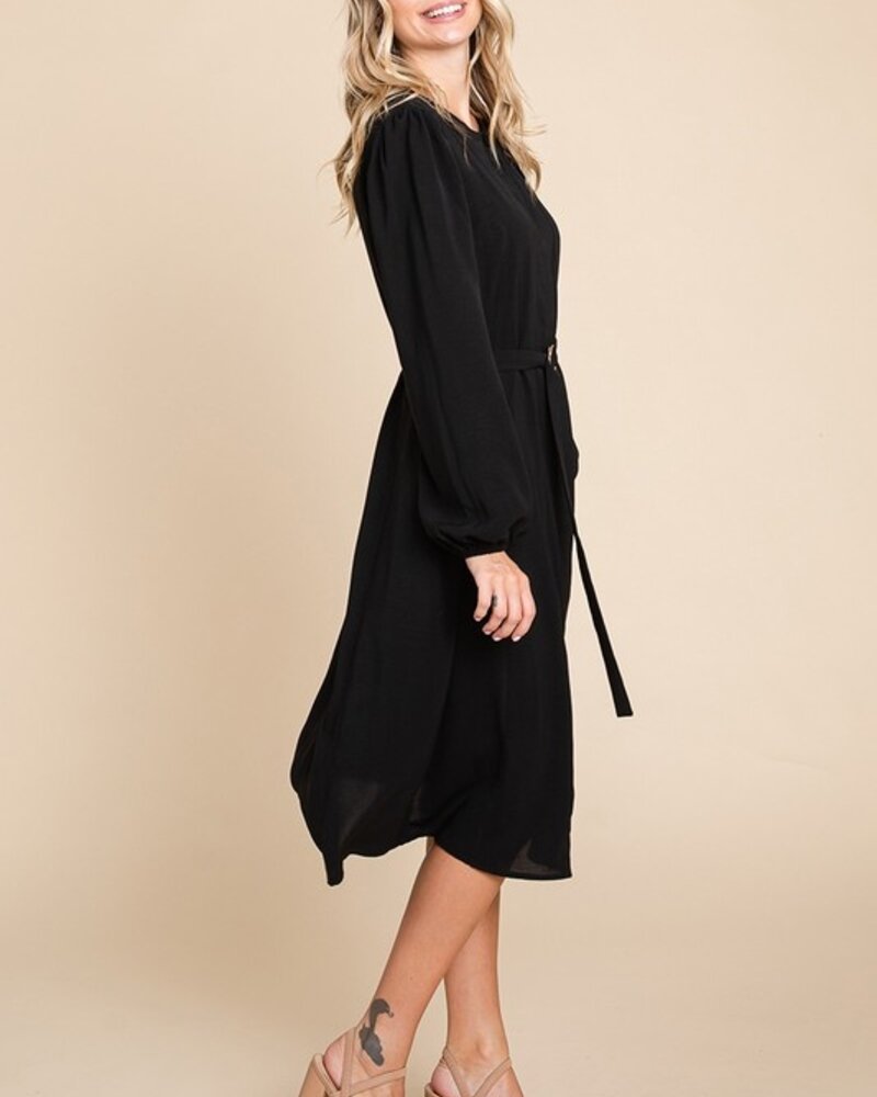 RolyPoly Belted Button Down Crew Neck Pleated Midi Dress