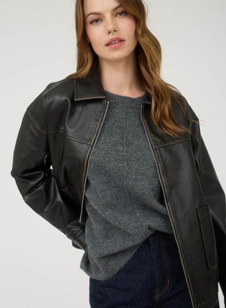 Blu Pepper Washed Faux Leather Collard Zip Up Jacket