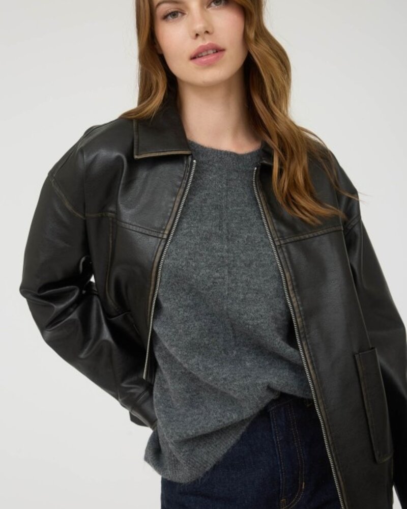 Blu Pepper Washed Faux Leather Collard Zip Up Jacket