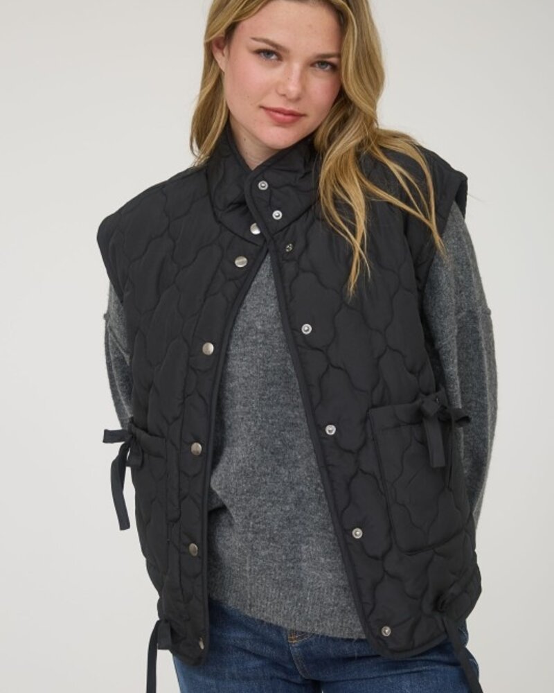 Blu Pepper Tie Detail Snap Button Down Quilted Puffer Vest