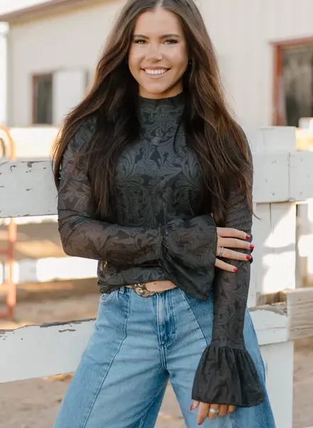 Sterling Kreek Tooled In Black Mesh Top