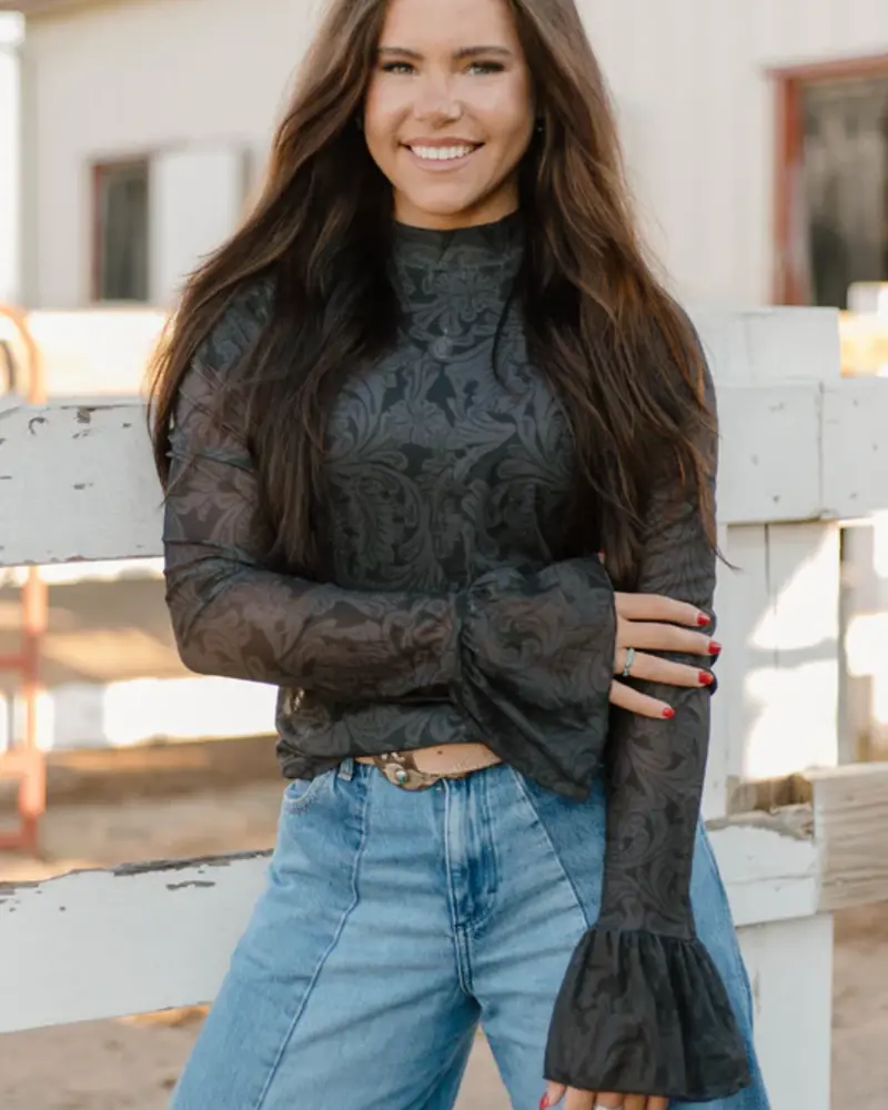 Sterling Kreek Tooled In Black Mesh Top