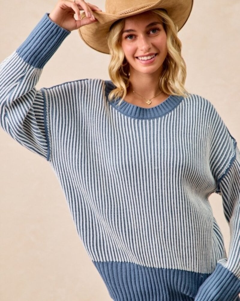 Bibi Two Tone Rib Knit Relaxed Fit Sweater Top
