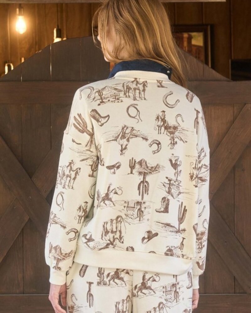 J.O.A. Western Print Crew Neck Long Sleeve Knit Top