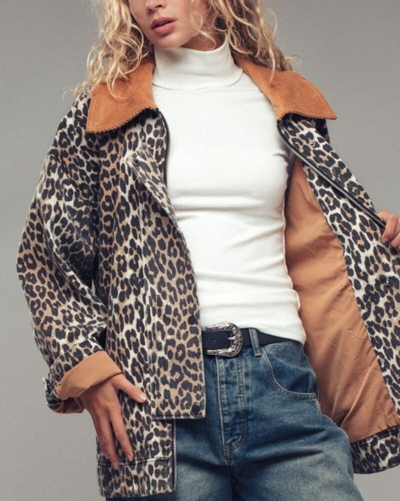 Urban Daizy Leopard Print Jacket w Corduroy Collar