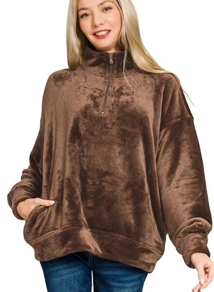 Faux Fur Half Zip Pocket Pullover