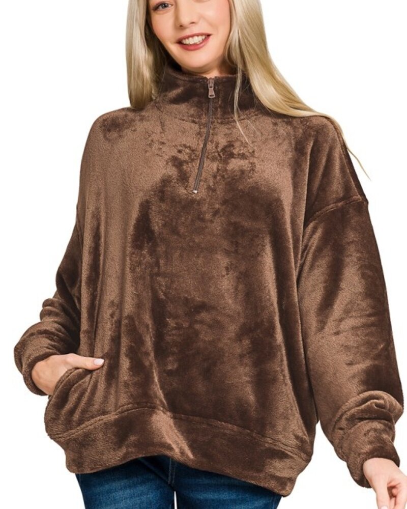 Faux Fur Half Zip Pocket Pullover