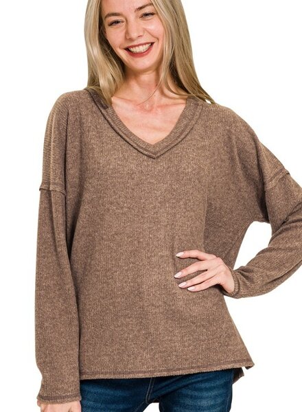 Ribbed V-Neck Drop Shoulder