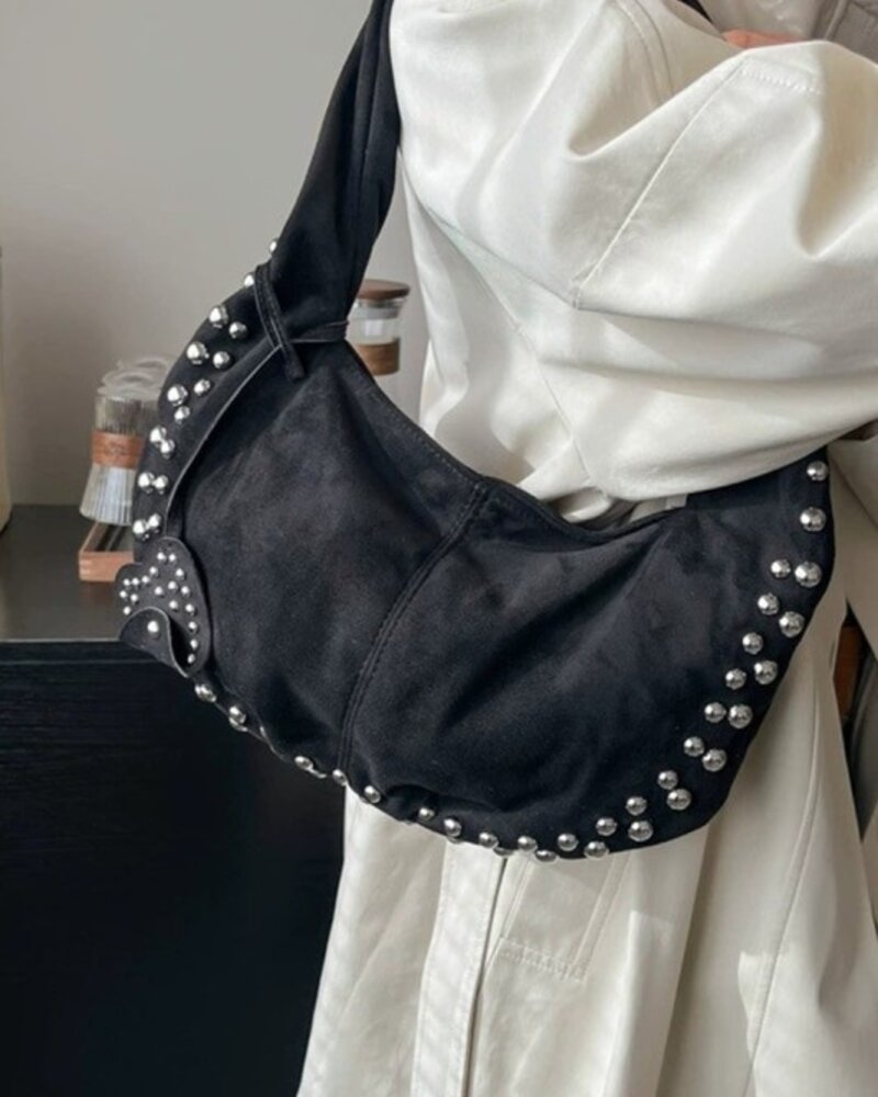 Faux Suede Studded Shoulder Bag