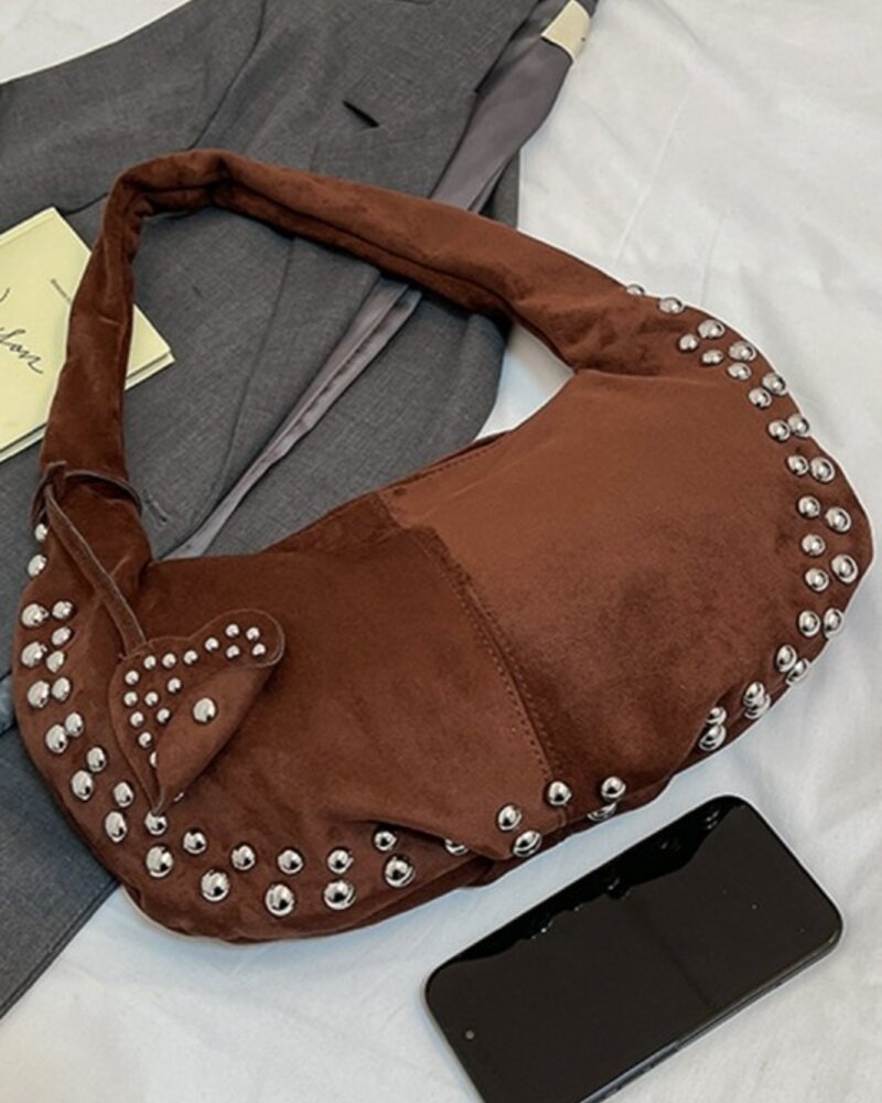 Faux Suede Studded Shoulder Bag