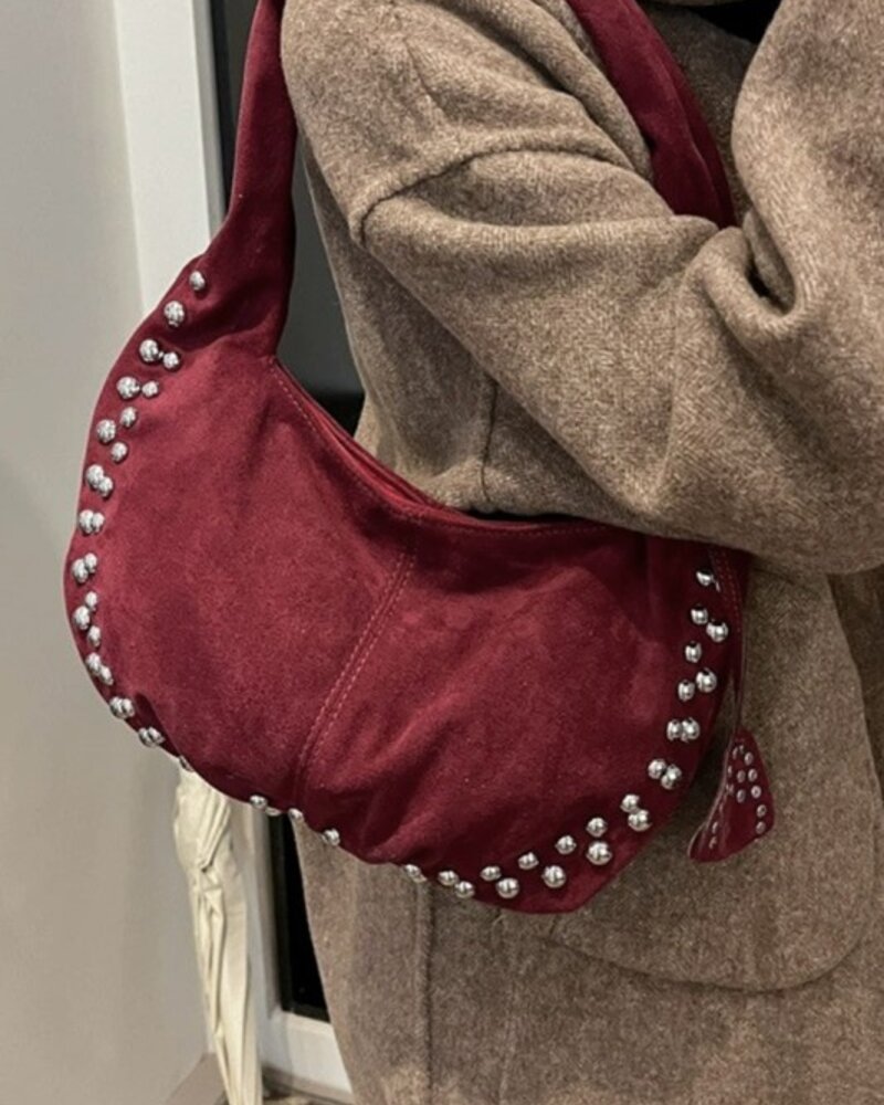 Faux Suede Studded Shoulder Bag