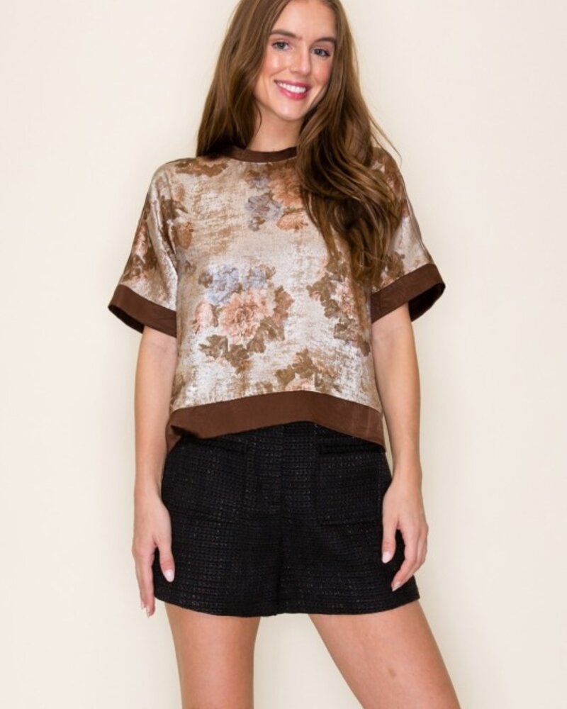 B.Right Floral Matallic Short Slv Top