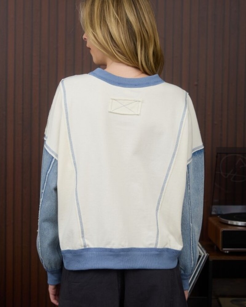 J.O.A. Mix Media Denim Sleeve Knit Top