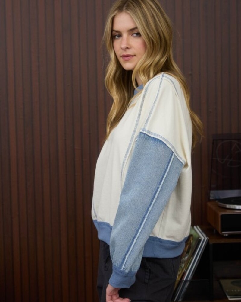 J.O.A. Mix Media Denim Sleeve Knit Top